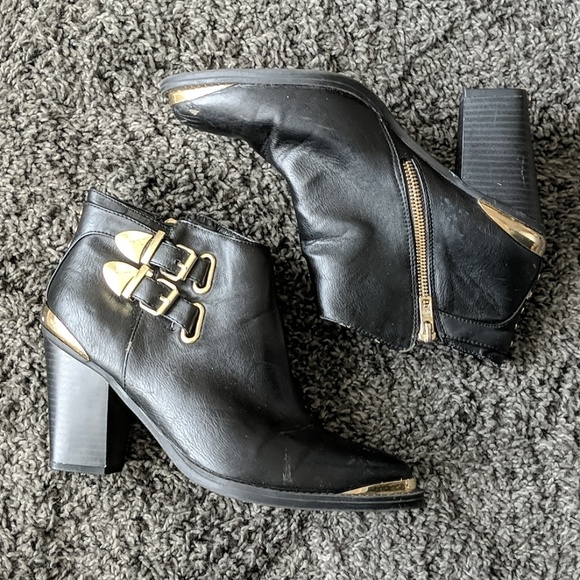 Black Vegan Ankle Boots w/ Gold Accents and Buckle - Picture 3 of 3